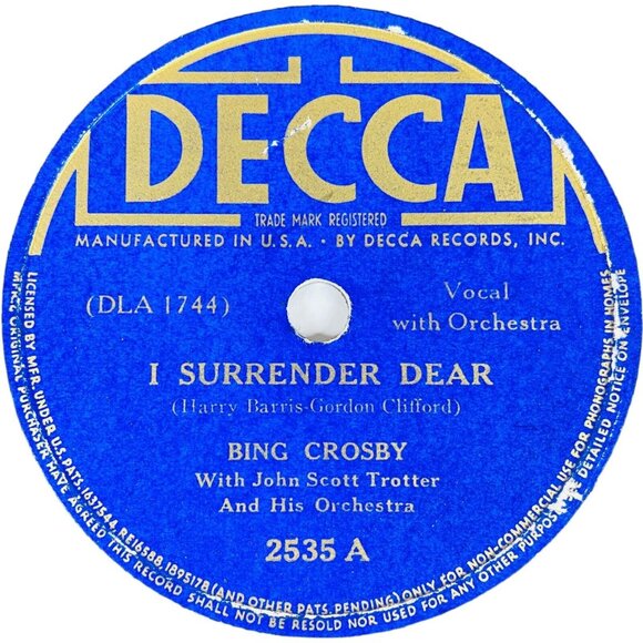 Bing Crosby I Surrender Dear 10in Shellac 78 RPM Decca 2535 Vintage Record - Picture 2 of 4